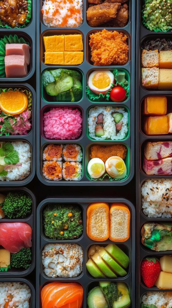 Colorful assortment of sushi rolls and fresh fruits arranged neatly in containers photo