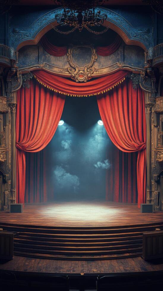 Theatrical stage with red curtains and dramatic lighting in an ornate theater setting photo