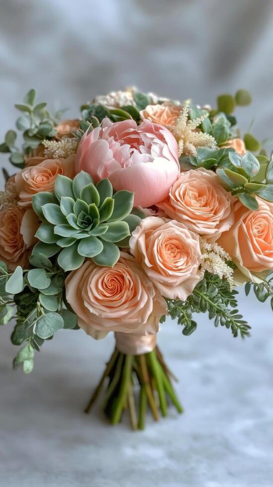Beautiful arrangement of peach roses with greenery and berries in a soft light setting photo