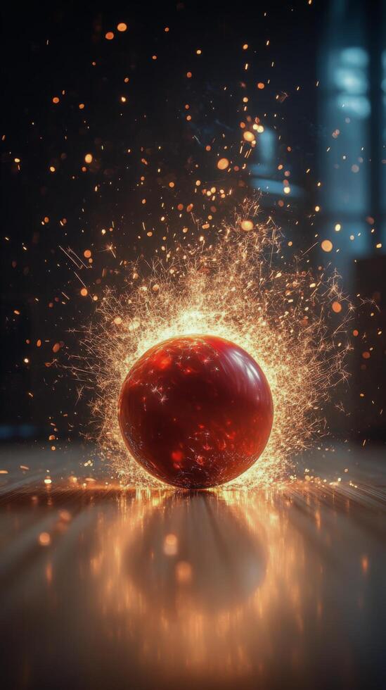 A red ball creating sparks on a wooden floor during a dynamic indoor activity photo