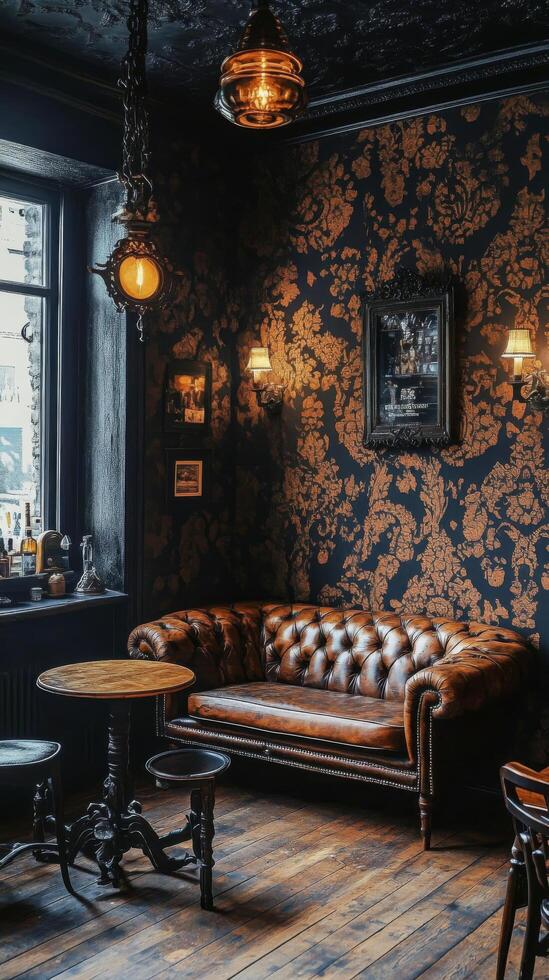 Cozy interior with a vintage leather sofa, elegant decor, and warm lighting in a rustic style photo