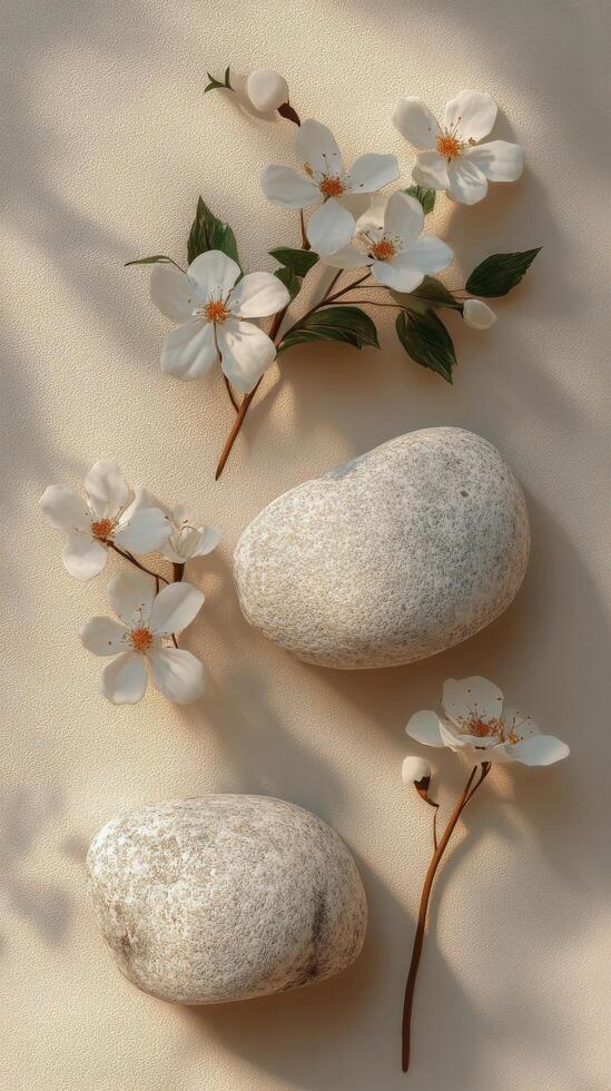 White stones and delicate flowers arranged with droplets on a soft surface during natural daylight photo