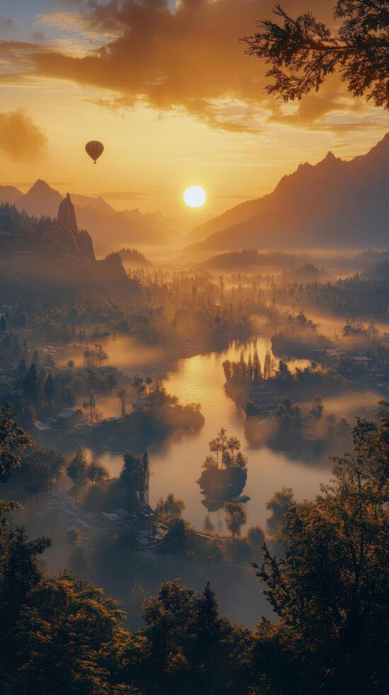 Hot air balloon soaring over a misty valley at sunrise with mountains in the background photo
