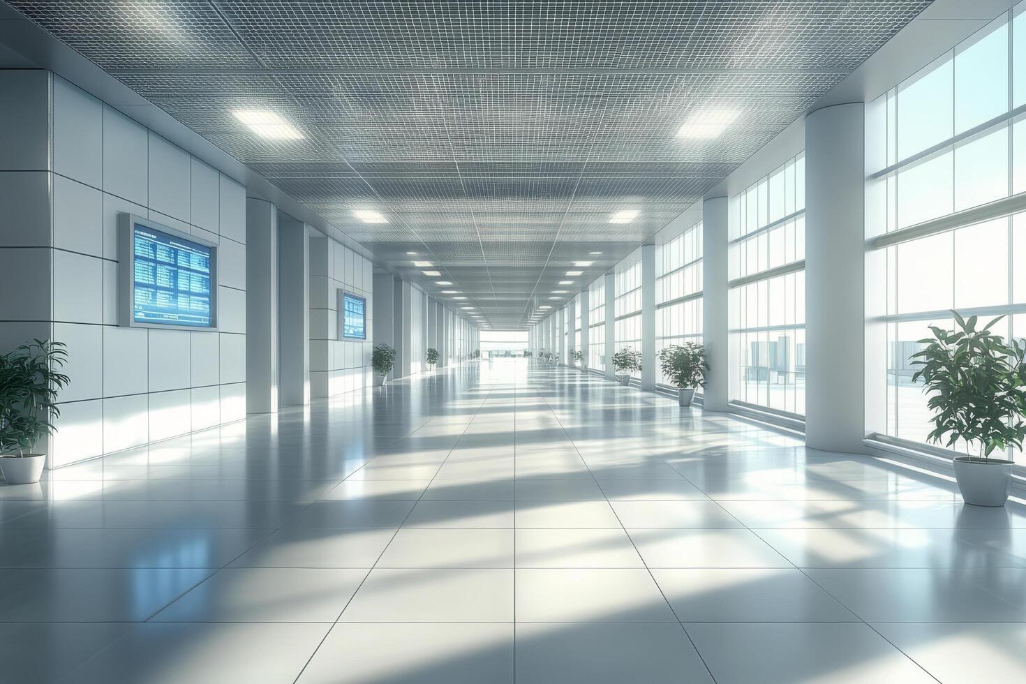 Modern corridor with large windows and plants during daytime at a contemporary building photo
