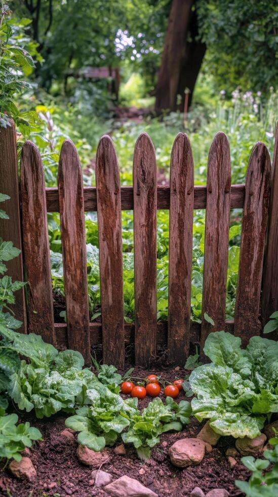 Lush green garden with a rustic wooden fence and ripening vegetables in a peaceful setting photo