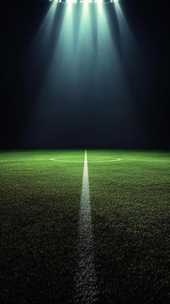 A foggy sports field with bright lights and a central line during an evening event photo