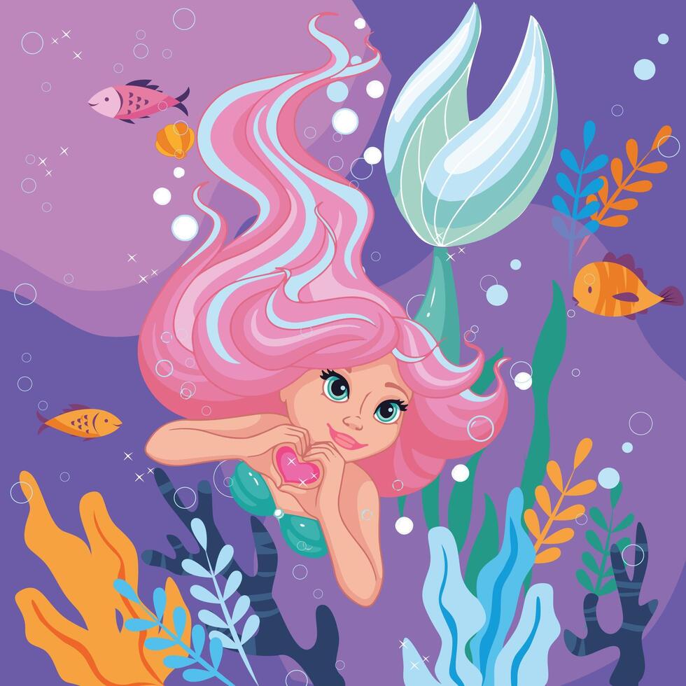 Beautiful mermaid. Cute mermaid with a heart. Pink hair vector