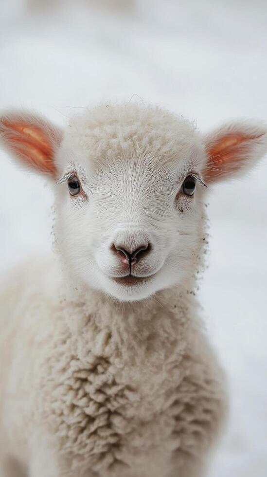 A close up view of a friendly sheep with curly wool looking curiously at the camera indoors photo