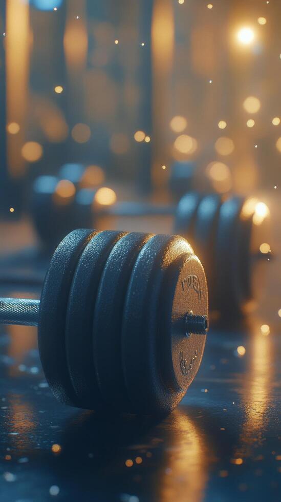 Darkened gym with weights on the floor, illuminated by soft scattered lights during evening workout photo