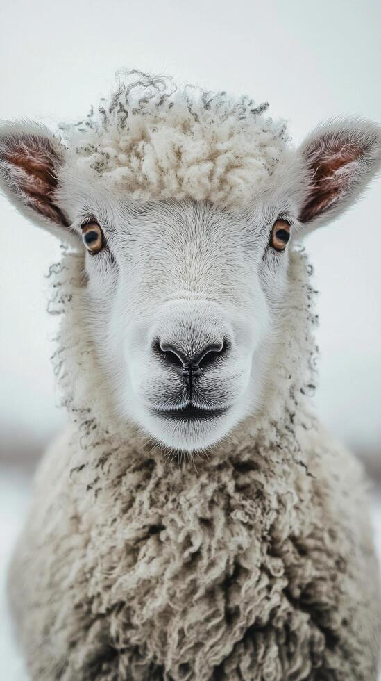 A close up view of a friendly sheep with curly wool looking curiously at the camera indoors photo