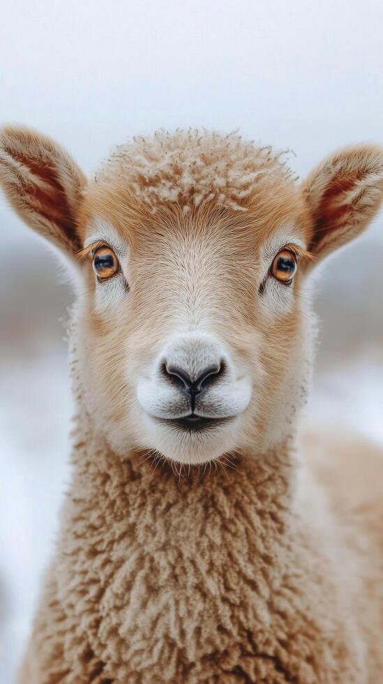 Close up of a young sheep with soft fleece and expressive eyes in a serene outdoor setting photo