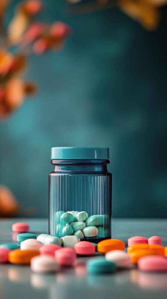 Glass jar filled with colorful tablets on a table with blurred foliage in the background photo