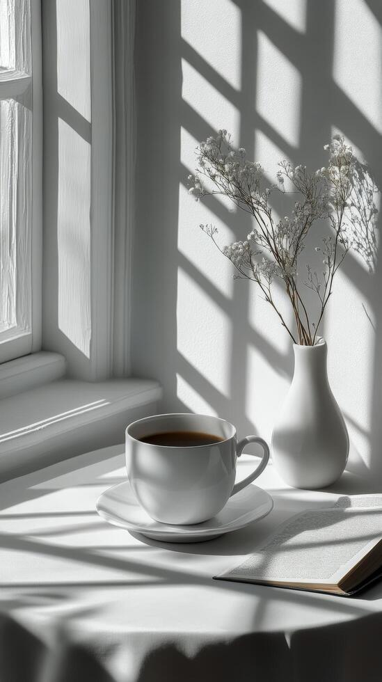A minimalist coffee cup resting on a white surface with soft shadows in natural light photo