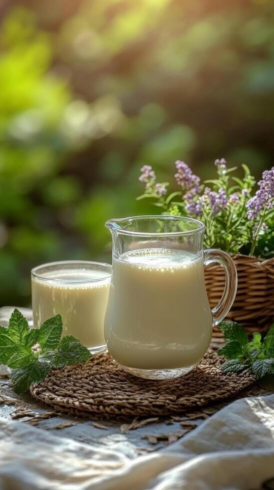 Refreshing natural beverage made from oats served with daisies in a serene outdoor setting photo