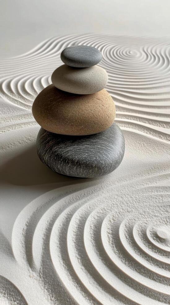 Stacked stones on rippled sand create a calm and balanced landscape in a tranquil setting photo