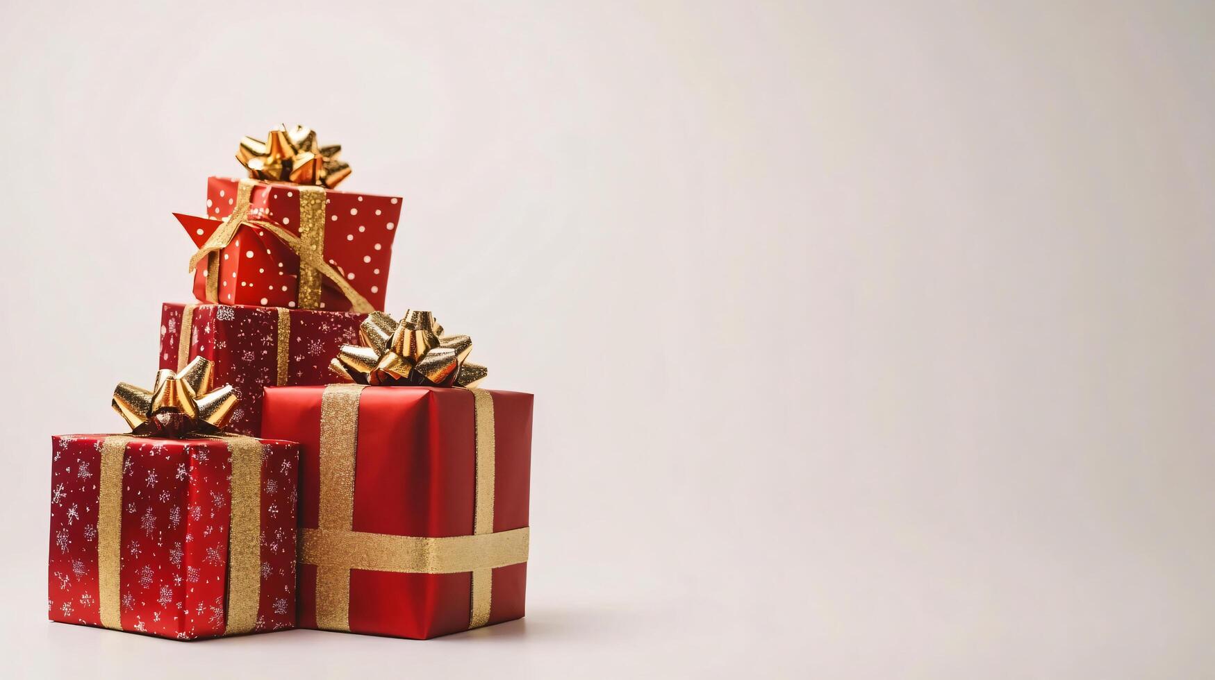 Christmas gifts wrapped in red and gold paper with ribbons copy space background photo