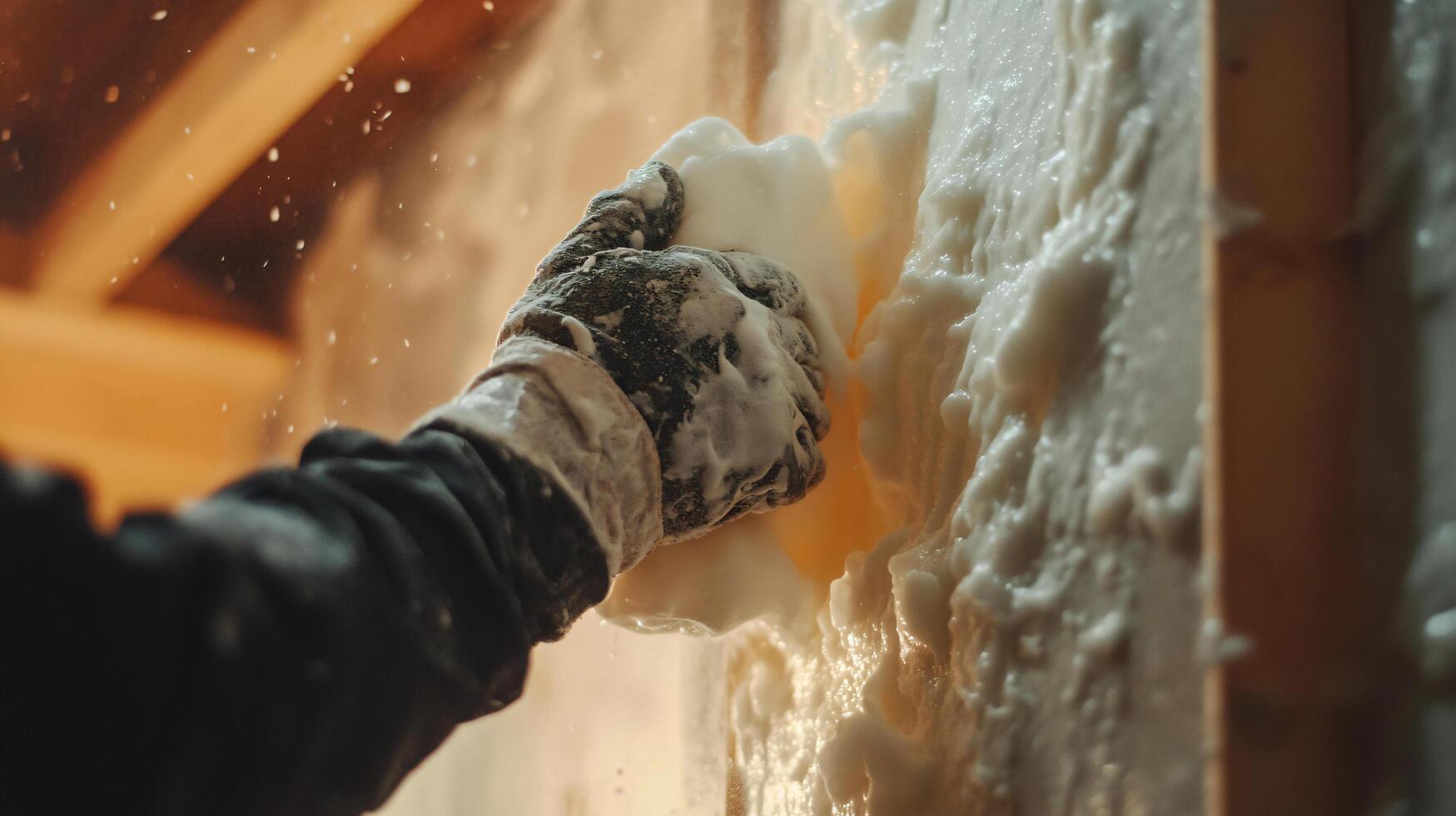 Close up construction builders hand applying spraying foam insulation material to wall copy space background photo