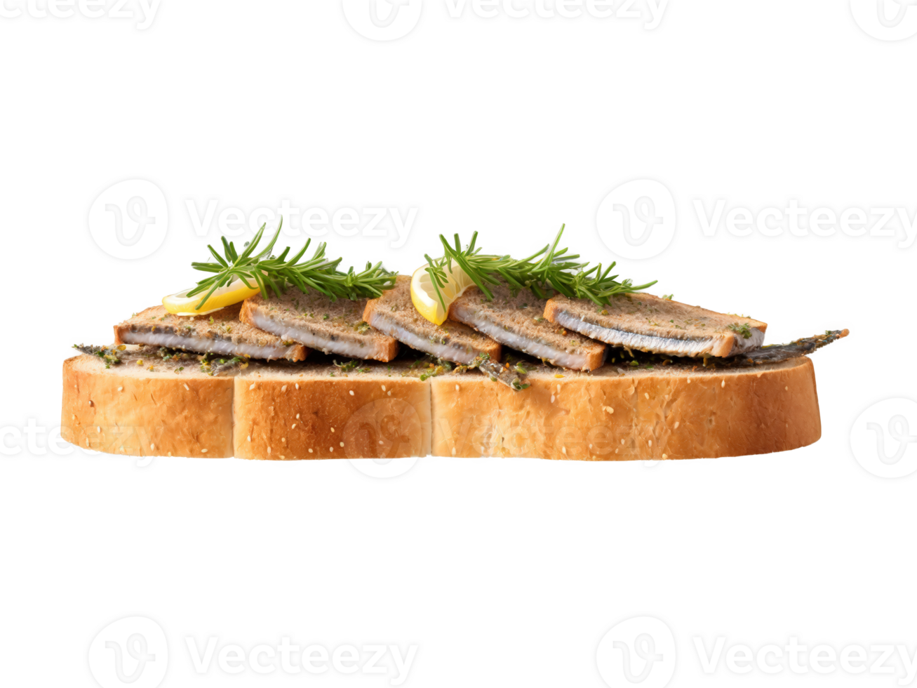 Crispy Sardine Toast with a golden brown crust, topped with herbs and a squeeze of lemon, vibrant png