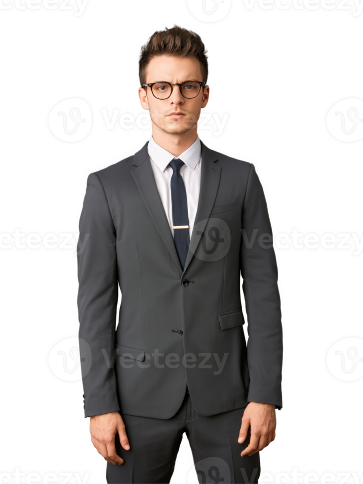 Professional young man with glasses, serious expression, business suit, isolated background, sharp lighting. png