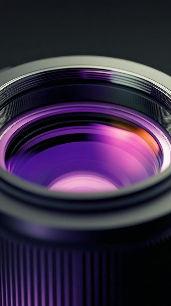 Close up view of a camera lens revealing intricate details and reflections in vibrant colors photo