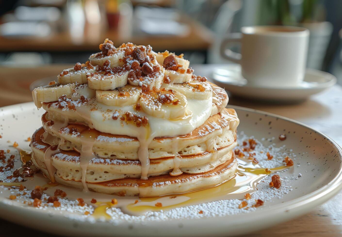 Delicious Stack of Buttery Pancakes With Banana and Chocolate photo