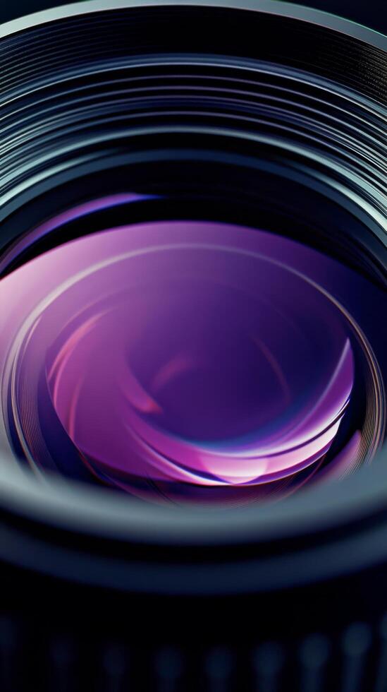 Close up view of a camera lens revealing intricate details and reflections in vibrant colors photo