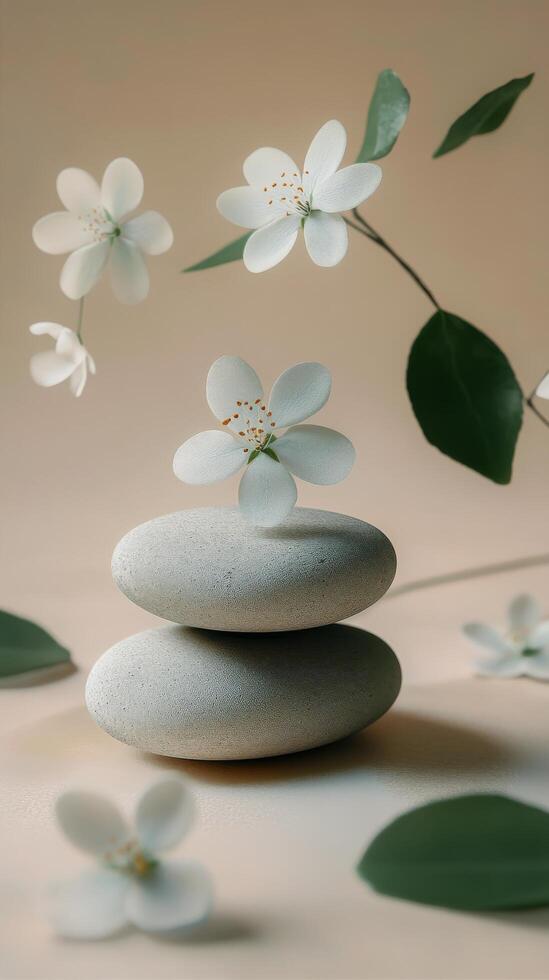 White stones and delicate flowers arranged with droplets on a soft surface during natural daylight photo