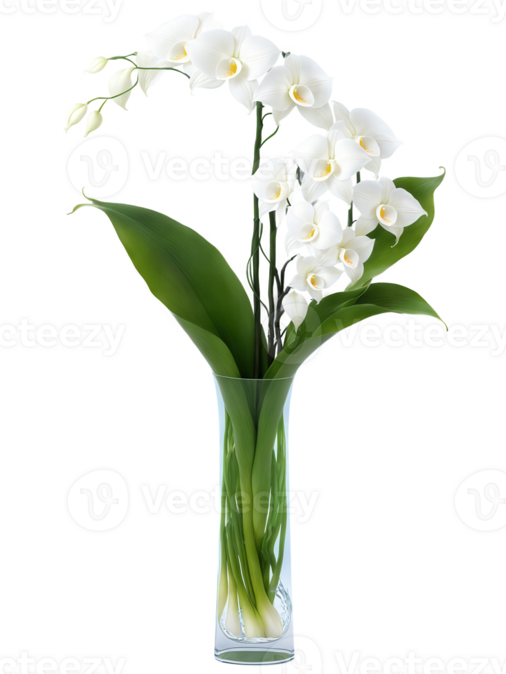Enchanted Evening , White Orchids Jasmine Calla Lilies tall, slim vase filled with crystal-clear water, holding an enchanting bouquet png