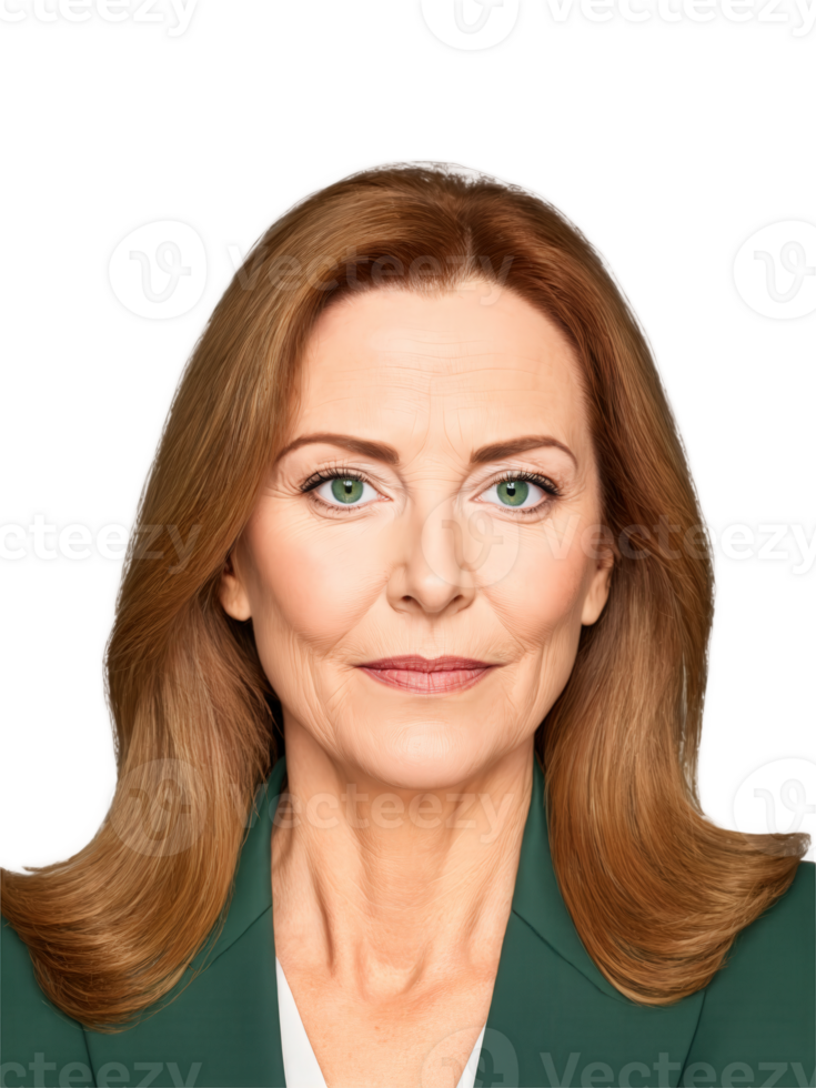 Middle-aged woman with long brown hair and soft green eyes, a professional, confident expression. She wears a tailored jacket and png