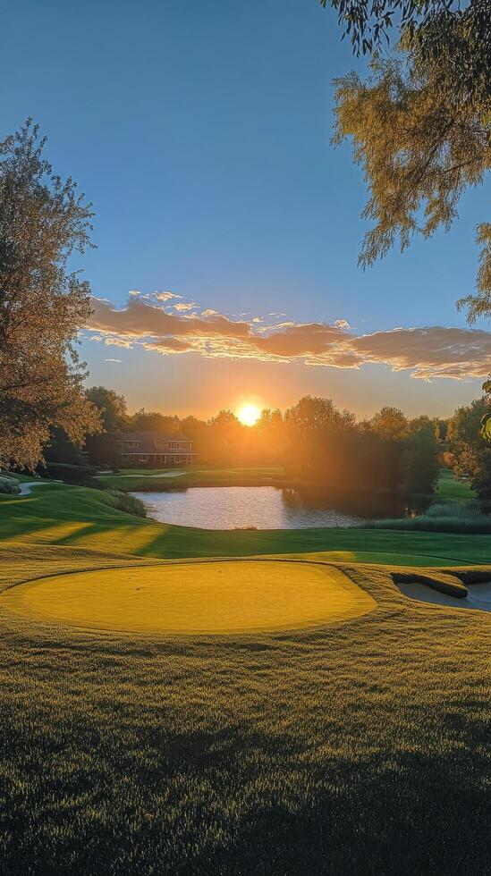 Sunrise over a serene golf course with a pond and vibrant colors in the sky photo