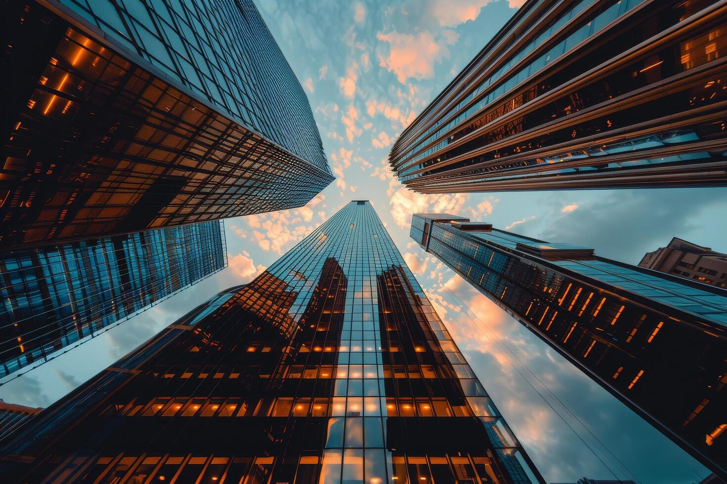 Upward View of Modern Skyscrapers Against a Blue Sky in a City photo