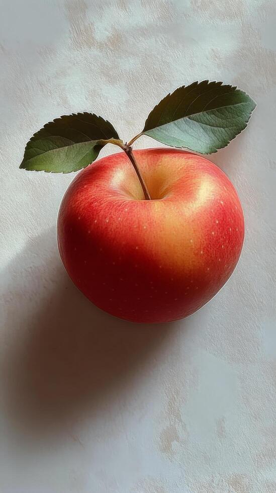 A fresh red apple with a green leaf resting on a white surface in natural light photo