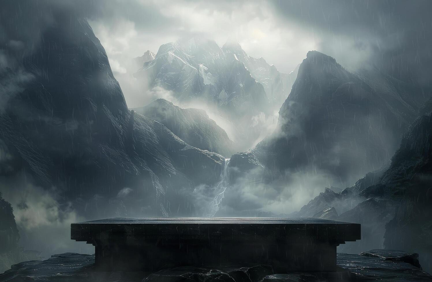 Misty Mountaintop Platform With Stone Pavers photo