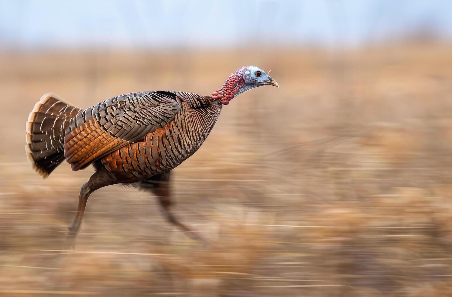 Wild Turkey Running Through Field at Sunset photo