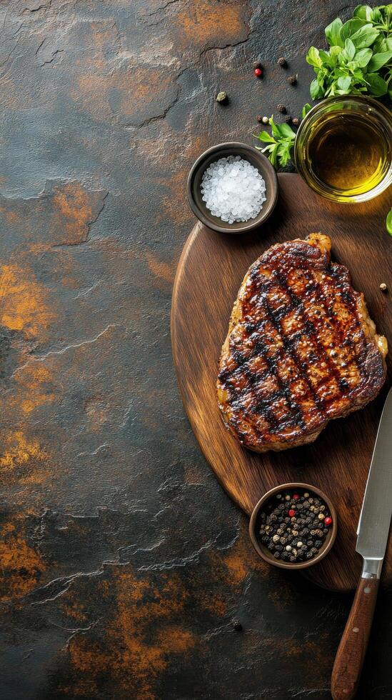 Grilled steak with herbs and spices on wooden cutting board in kitchen setting photo