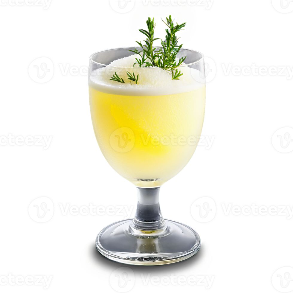 Lemon sorbet in a chilled glass tumbler garnished with a lemon twist and a sprig png