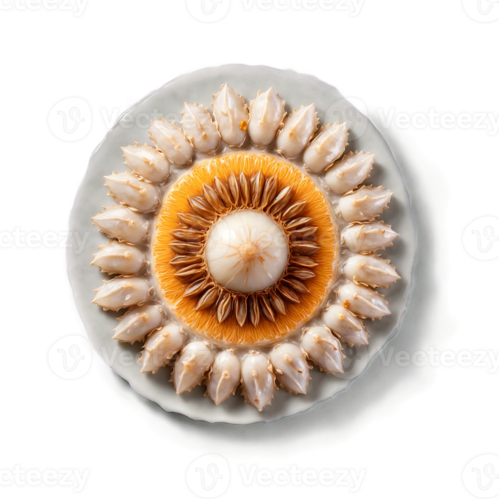 Longan mandala a sweet circular design of longans with shells cracking and steam rising png