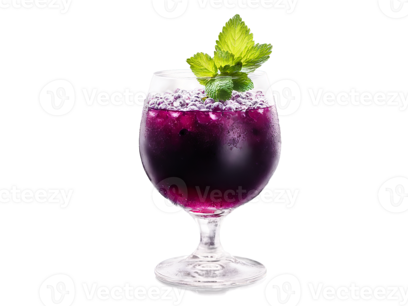 Blackcurrant soda in a snifter blackcurrants and mint rich and inviting deep purple hues moody png