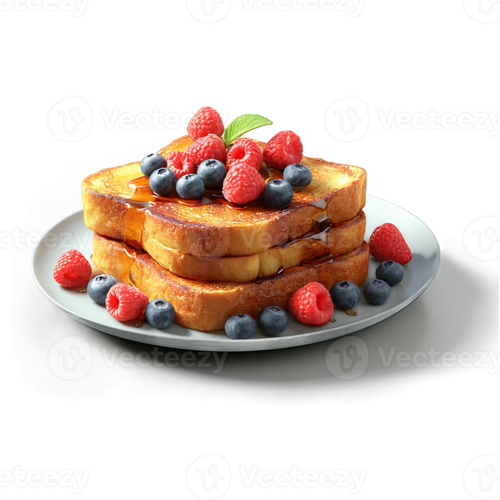 Brioche French toast golden stack in glass dish macerated berries tumbling Food and Culinary concept png