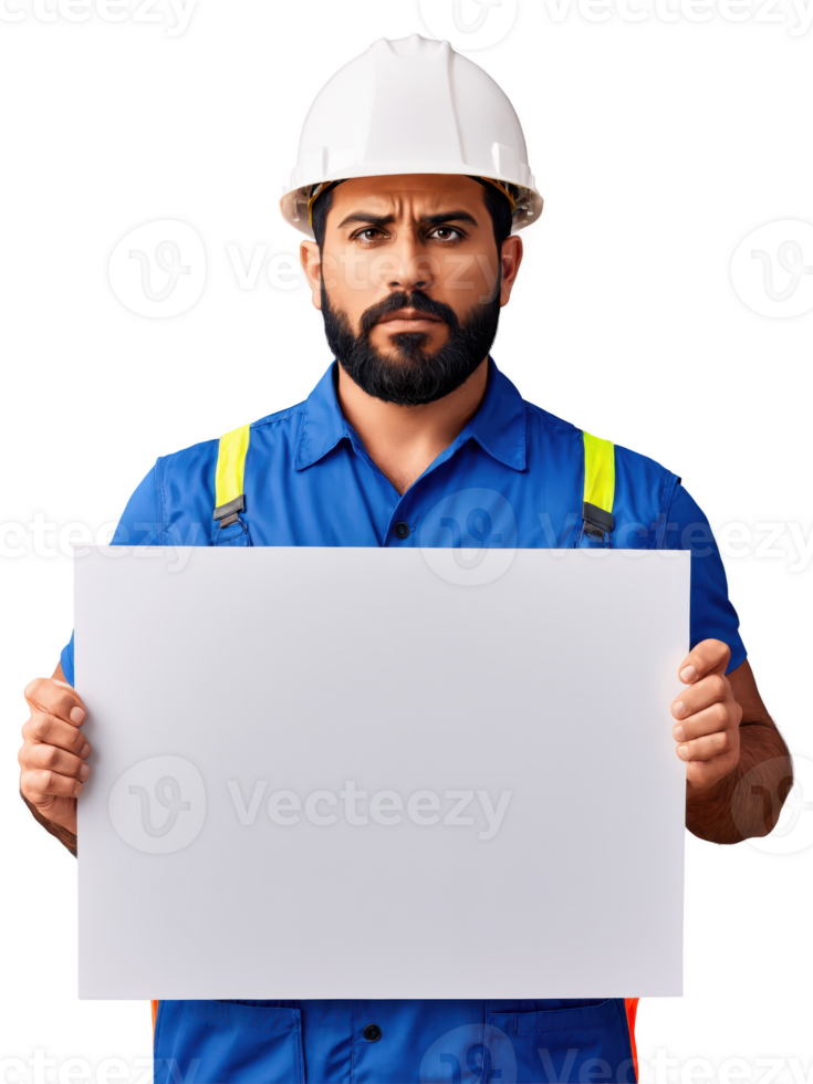 Construction worker, male, Hispanic, 32 years old, with a thick beard and a tired but determined expression. png