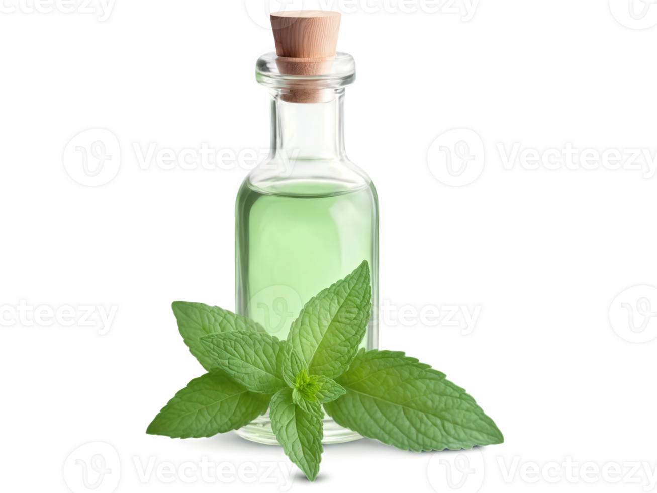Peppermint Oil , Mentha piperita A clear glass bottle filled with pale green peppermint oil. The oil has a refreshing, cooling png