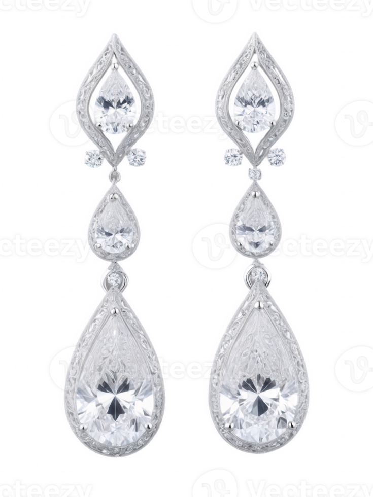 pair of vintage bridal earrings with a teardrop design, featuring small diamonds and intricate filigree work for an elegant, timeless png