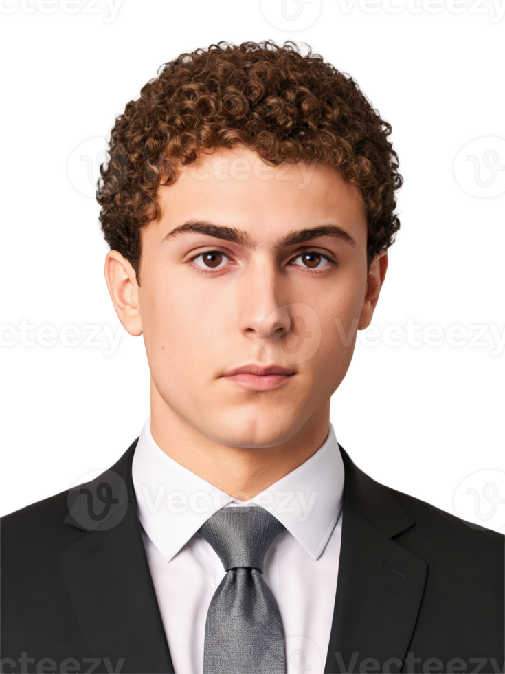 Young man with short curly brown hair and dark brown eyes, a focused expression. He is wearing a black suit png