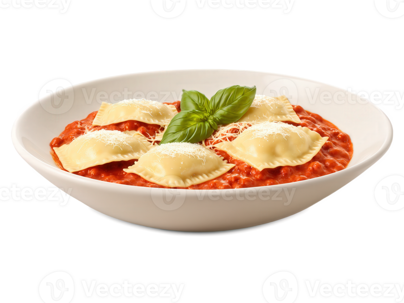 Italian ravioli with tomato sauce, fresh basil, and melted cheese topping. png