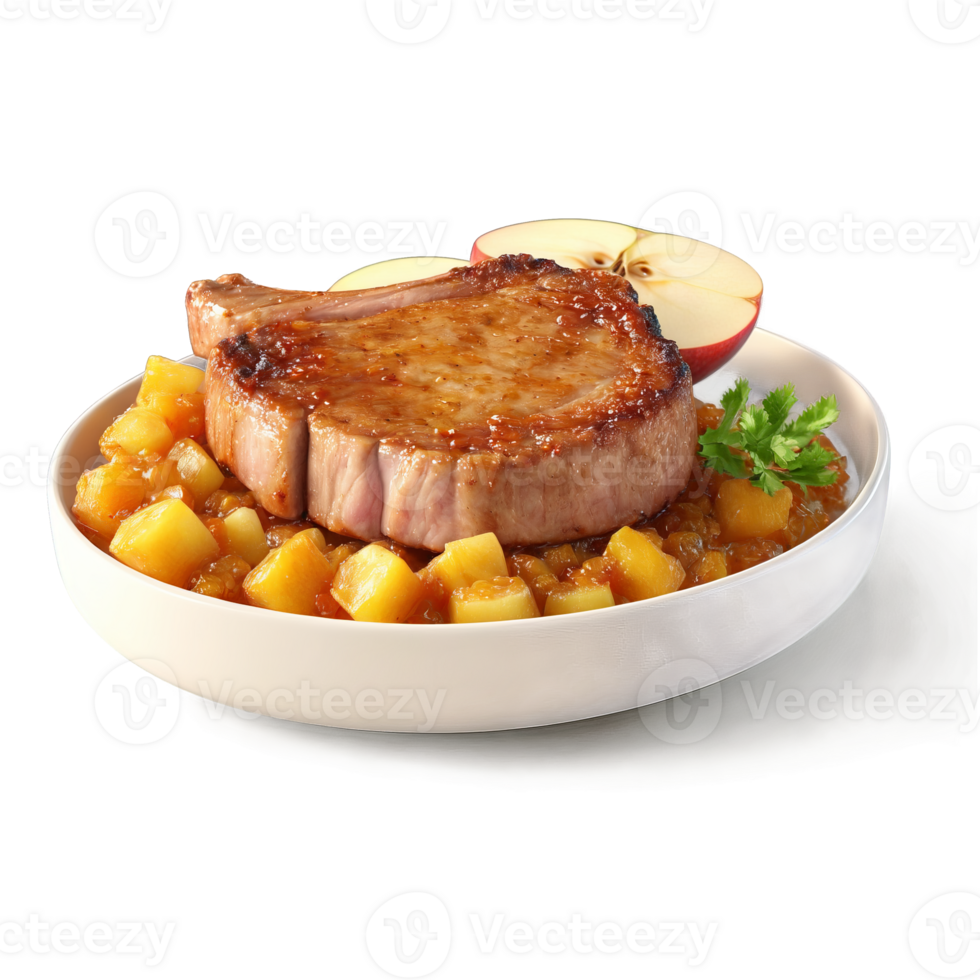 Pork chop thick cut bone in chop apple chutney dolloping Food and Culinary concept png