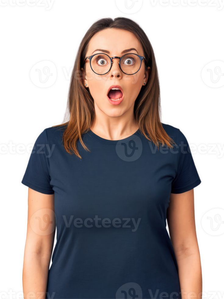 Woman with glasses, surprised look, casual t-shirt, vibrant lighting, isolated background. png