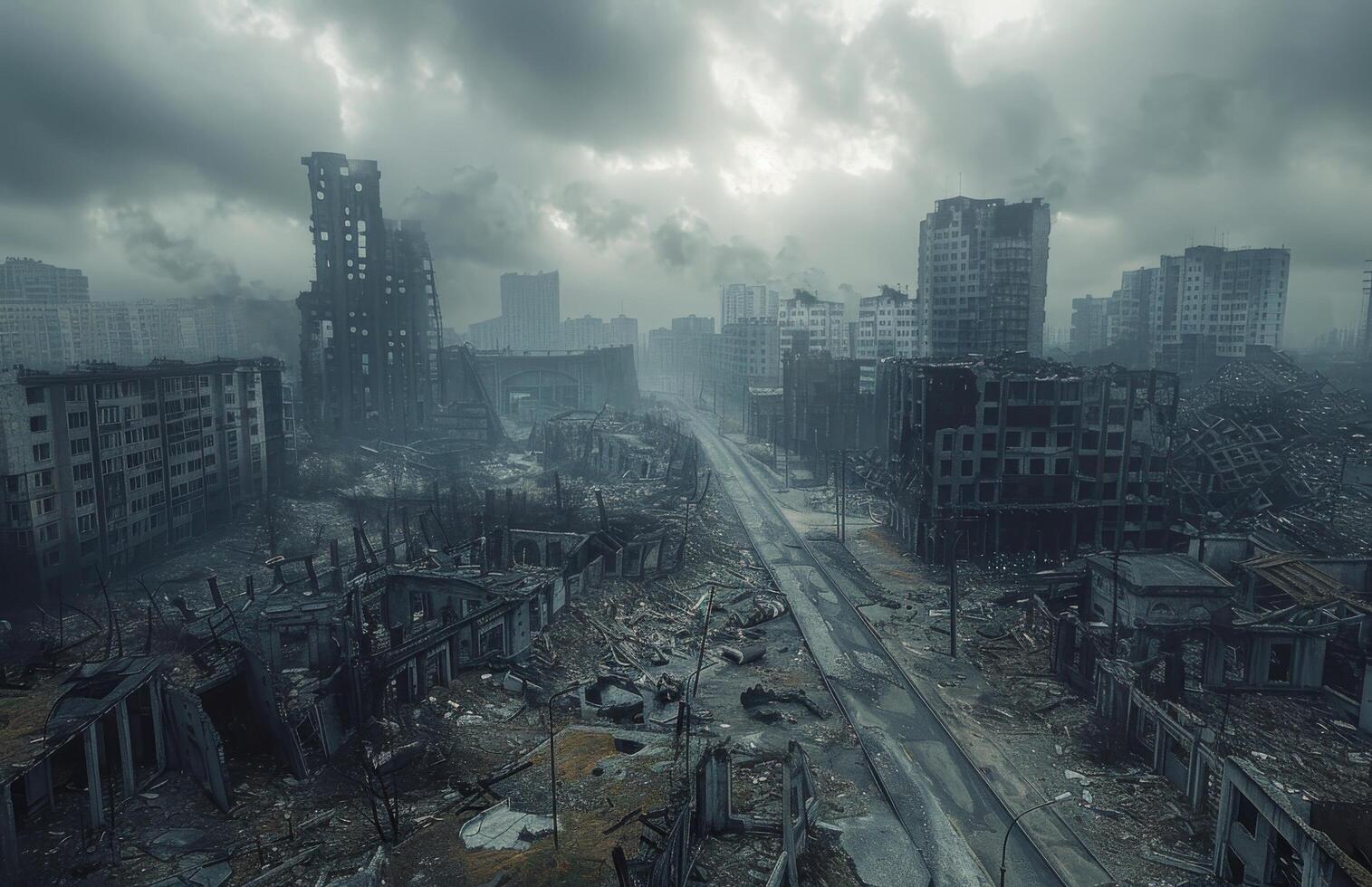 A Solitary Figure Walks Through a Desolate Post-Apocalyptic City Under a Stormy Sky photo