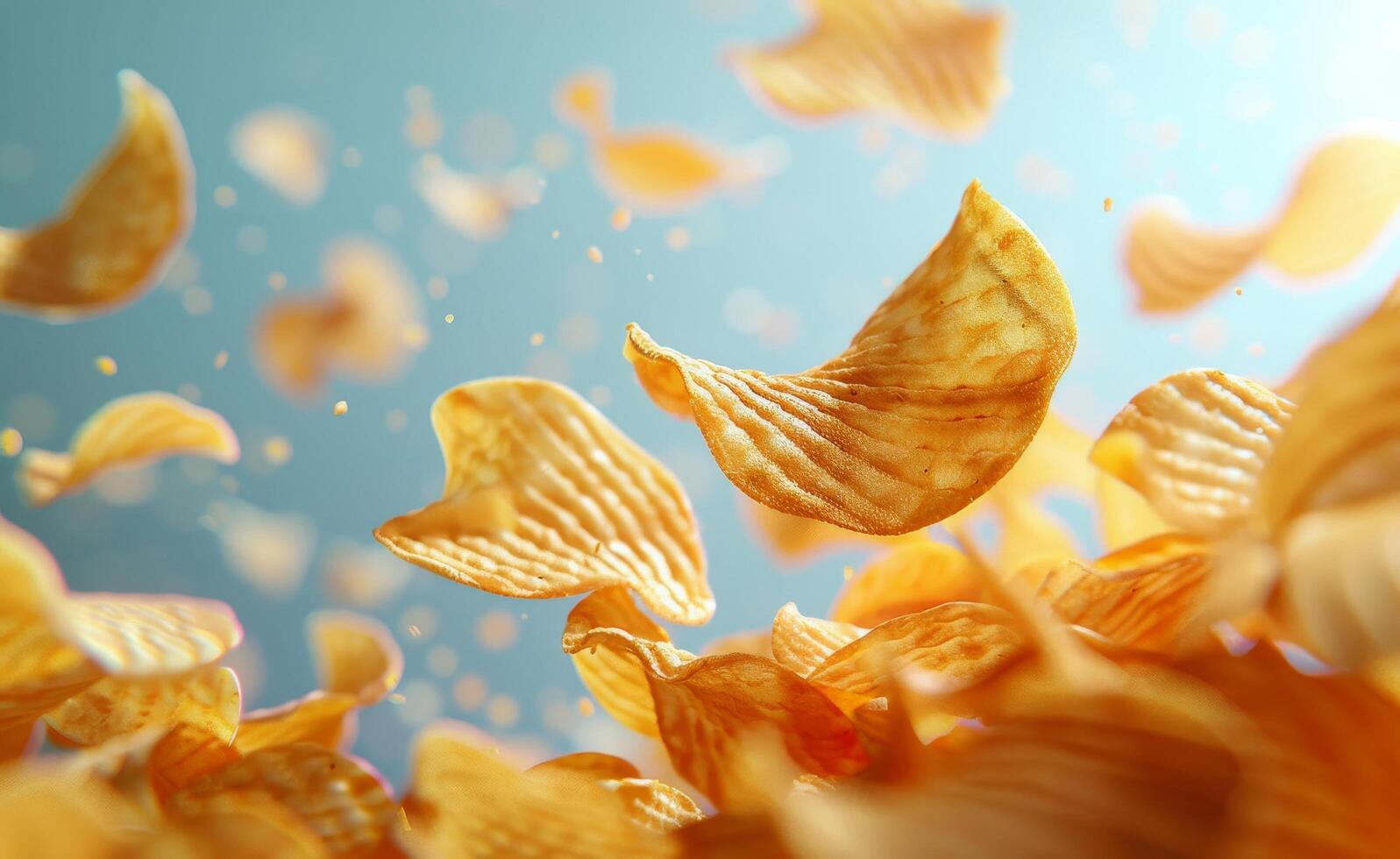 Crispy Potato Chips Falling in Slow Motion Against a Blue Sky photo
