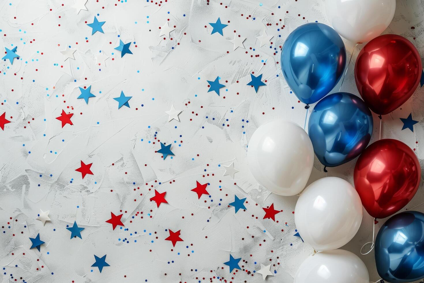 Blue, Red, and White Confetti Balloons on White Background With Stars photo