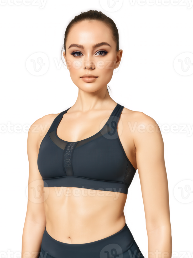 sleek black sports bra with a subtle logo design at the center, made from compression fabric for medium-impact support. png
